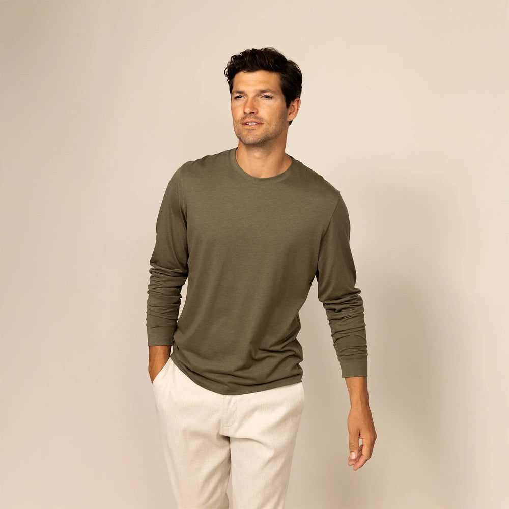 Man wearing a Long Sleeve Lyocell Blend
T-Shirt in Olive, front view.