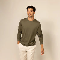 Man wearing a Long Sleeve Lyocell Blend
T-Shirt in Olive, front view.