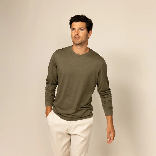 Man wearing a Long Sleeve Lyocell Blend T-Shirt in Olive, front view. |Olive
