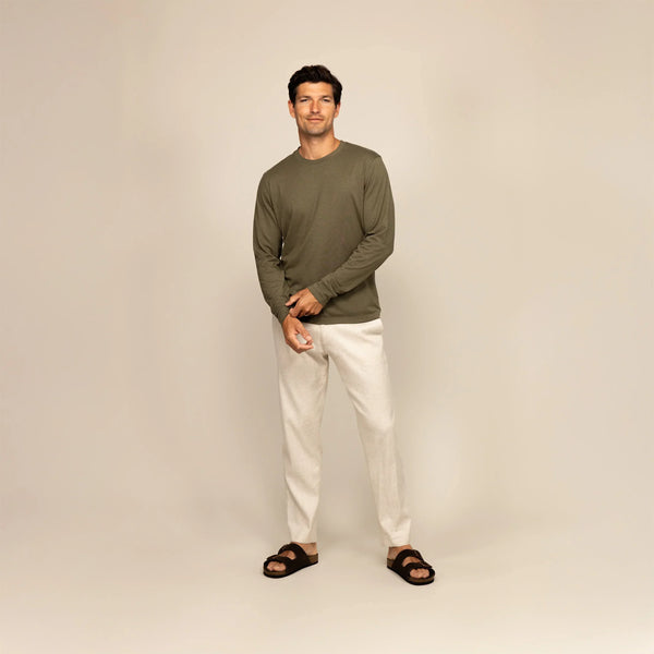 Man wearing a Long Sleeve Lyocell Blend
T-Shirt in Olive, front view.