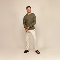 Man wearing a Long Sleeve Lyocell Blend
T-Shirt in Olive, front view.