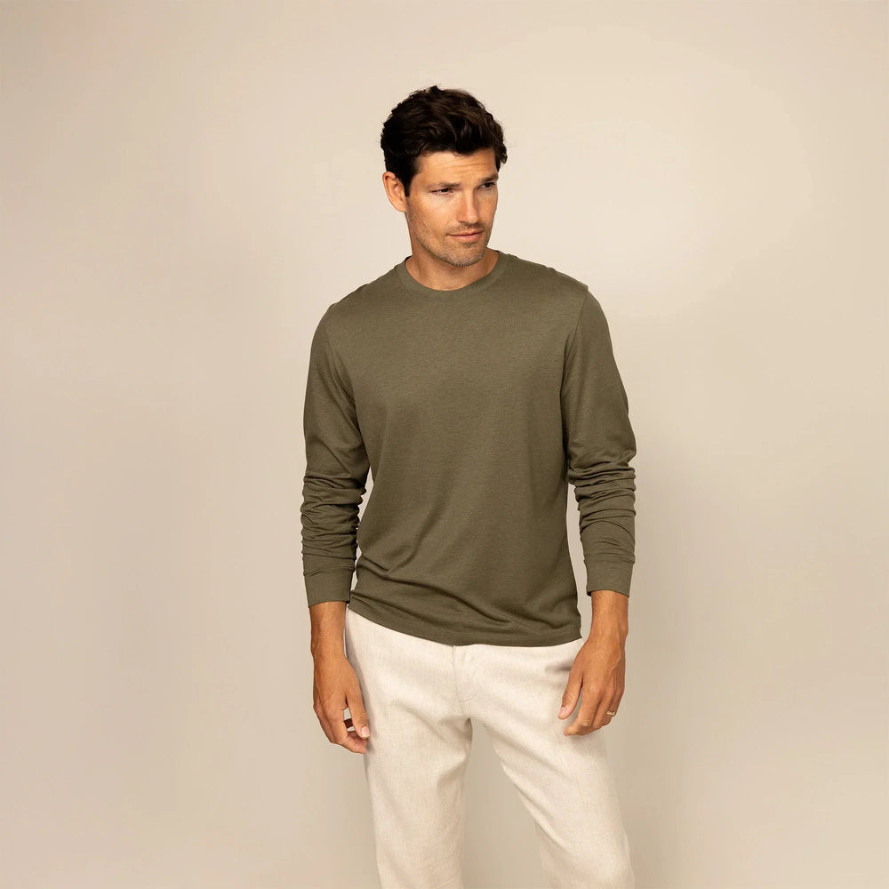 Man wearing a Long Sleeve Lyocell Blend
T-Shirt in Olive, front view.