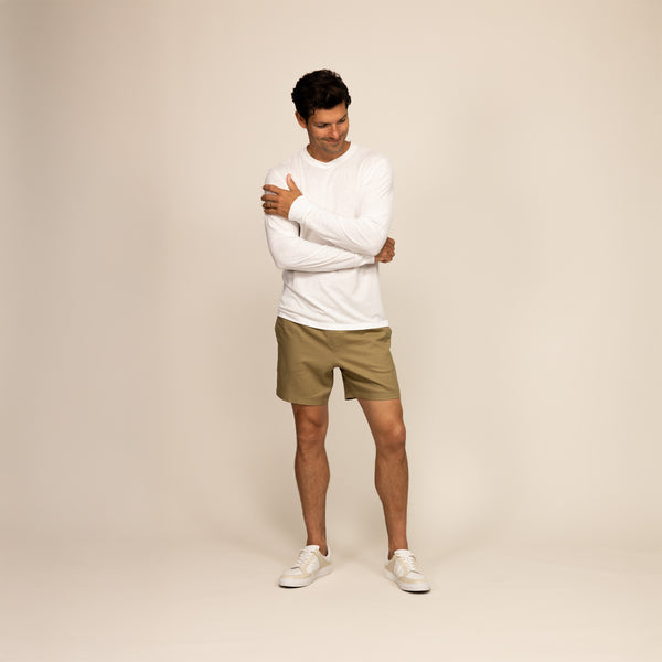 Man wearing a Marame Long Sleeve T-Shirt in White, front view.