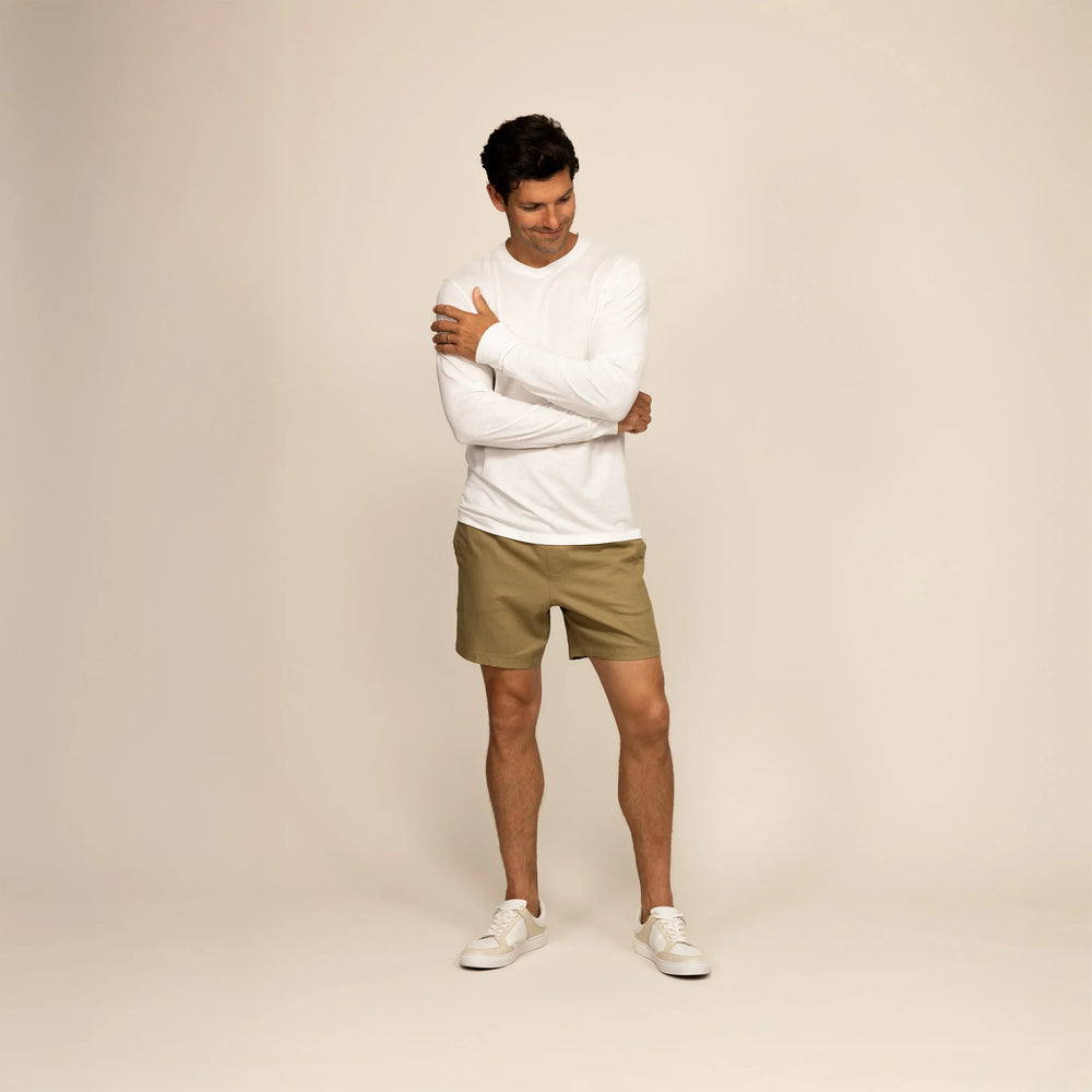 Man wearing a Marame Long Sleeve T-Shirt in White, front view.