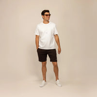 Man wearing Marame Lounge Shorts in Smoked Brown, front view. |smoked brown