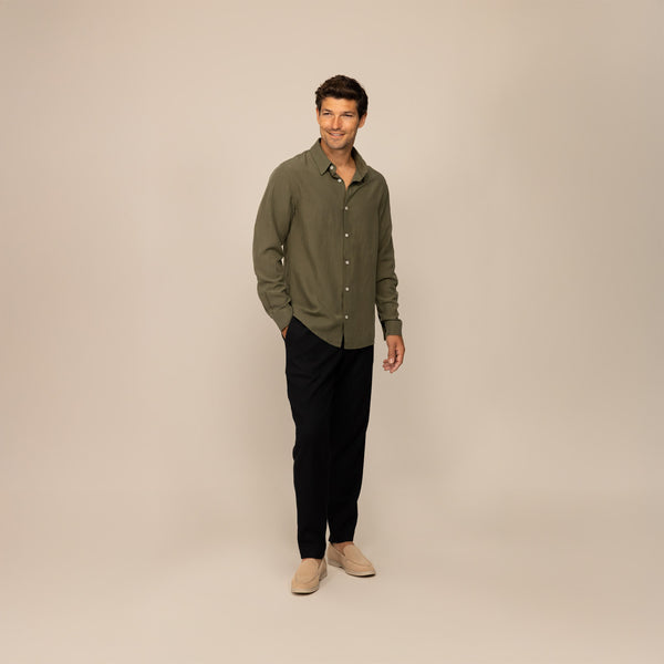 Man wearing Marame Lyocell/Linen Blend Casual Long Sleeve Shirt in Olive Grove, front view.