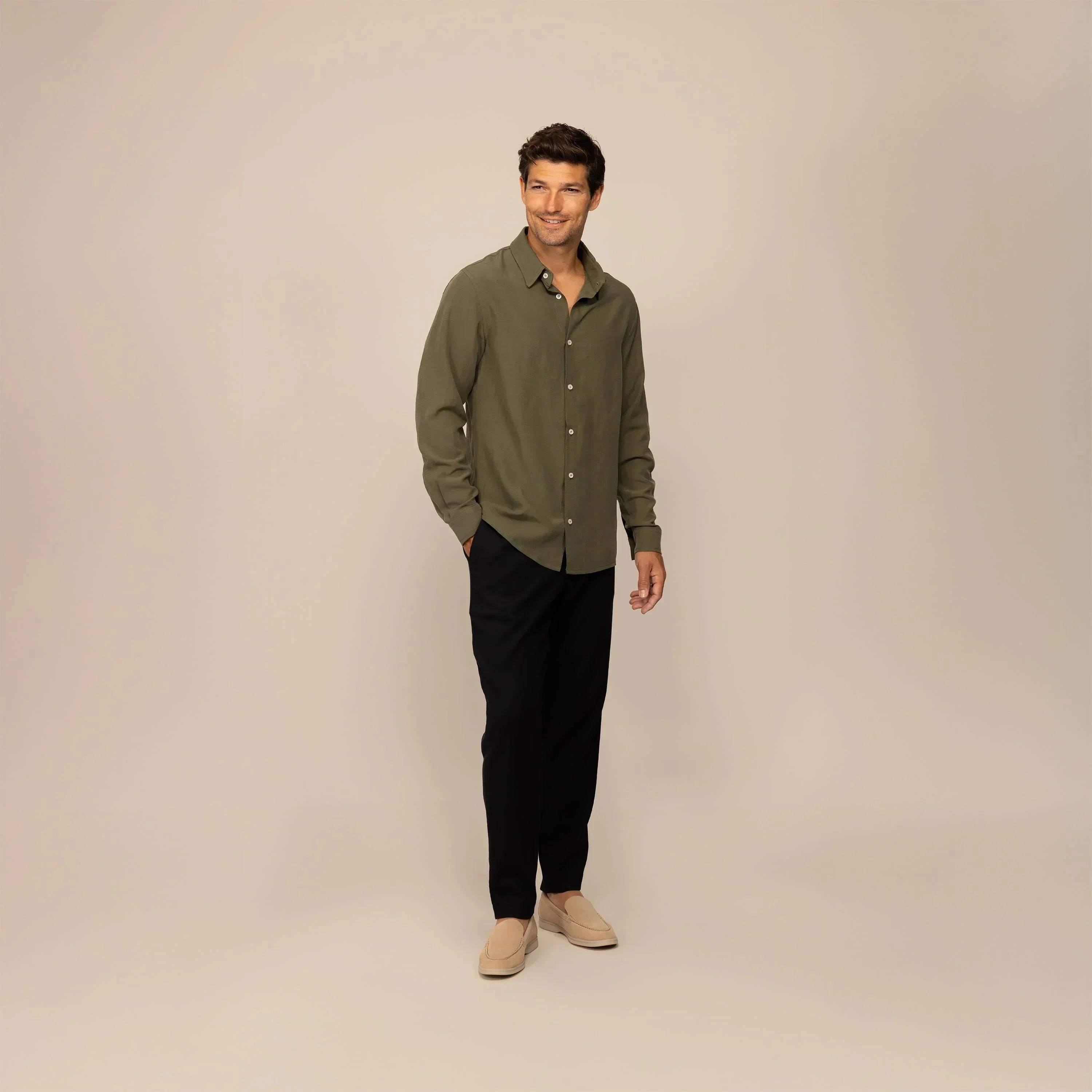 Man wearing Marame Lyocell/Linen Blend Casual Long Sleeve Shirt in Olive Grove, front view. |olive grove