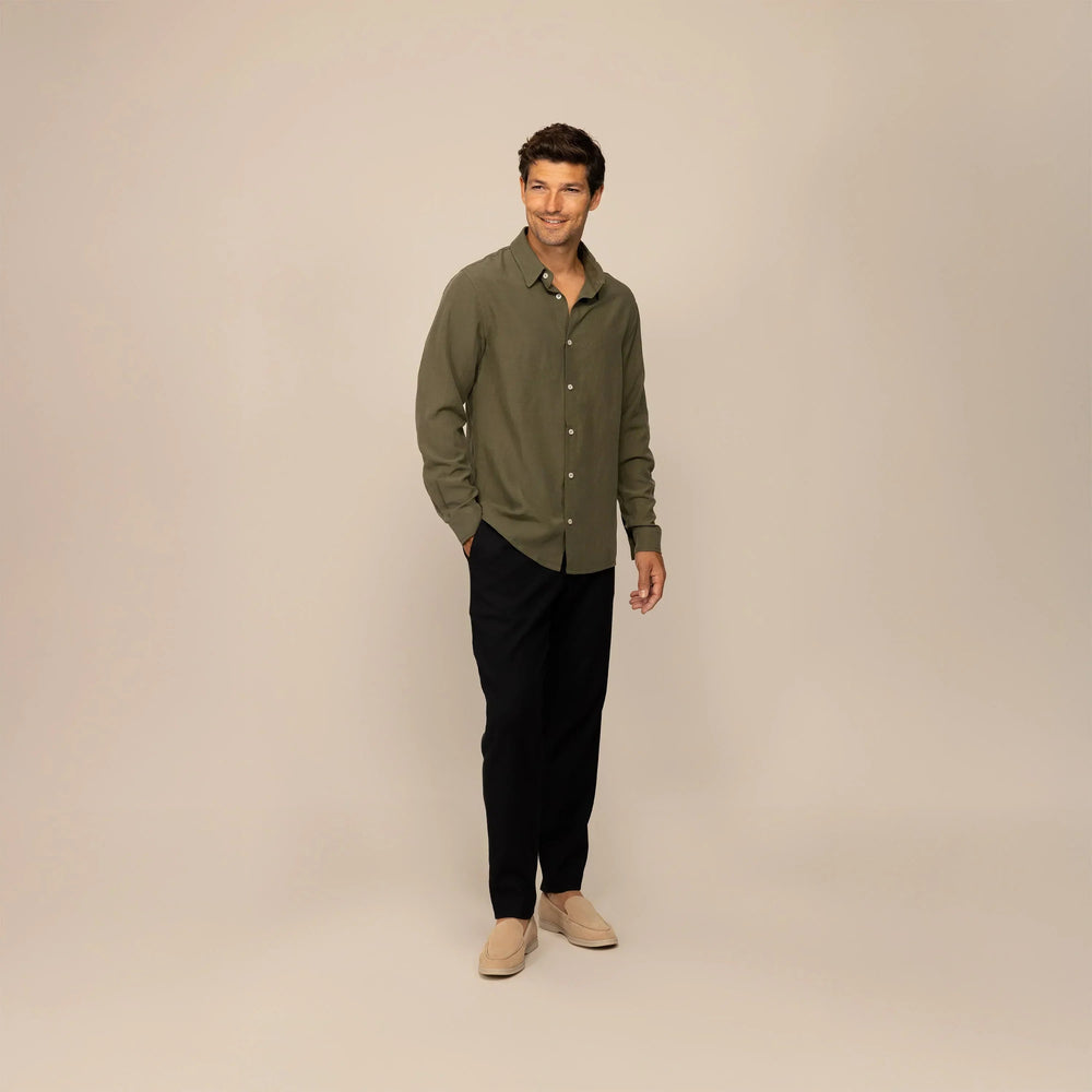 Man wearing Marame Lyocell/Linen Blend Casual Long Sleeve Shirt in Olive Grove, front view. |olive grove