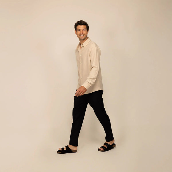 Man wearing Marame Lyocell/Linen Blend Casual Long Sleeve Shirt in Drift Beige, front view. |drift beige