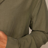 Man wearing Lyocell/Linen Blend Casual Long Sleeve Shirt in Olive Grove, closeup. |olive grove