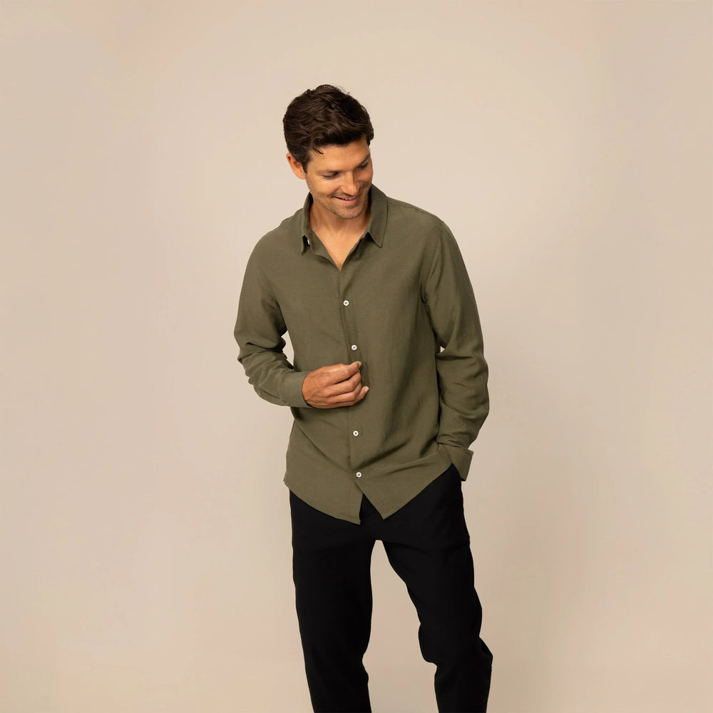 Man wearing Marame Lyocell/Linen Blend Casual Long Sleeve Shirt in Olive Grove, front view.