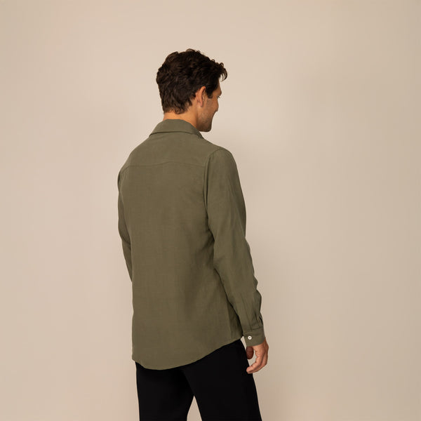 Man wearing Lyocell/Linen Blend Casual Long Sleeve Shirt in Olive Grove, rear view.