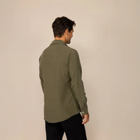 Man wearing Lyocell/Linen Blend Casual Long Sleeve Shirt in Olive Grove, rear view.