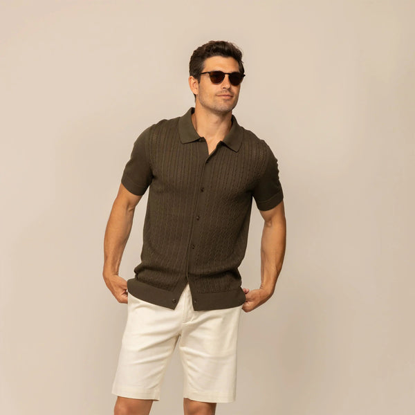 Man wearing morning meadow cable knit short sleeve shirt, front view. |morning meadow