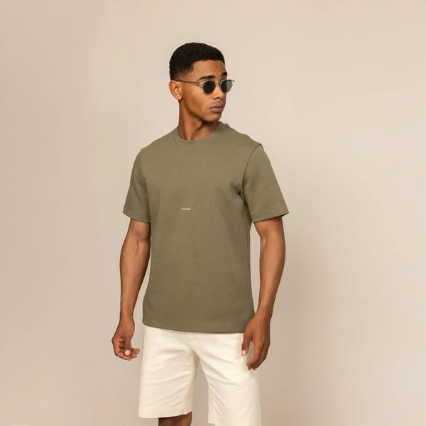 Man wearing a Marame Relaxed Fit Logo T-Shirt in Olive, front view. |Olive