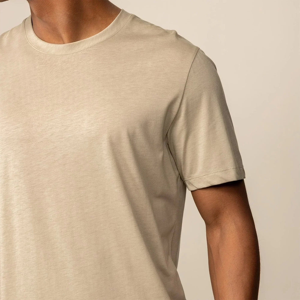 Man wearing a Marame Slim Fit Lyocell Blend T-Shirt in Canyon Clay, closeup. |Canyon Clay