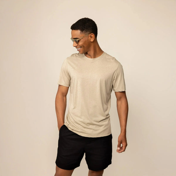 Man wearing a Marame Slim Fit Lyocell Blend T-Shirt in Canyon Clay, front view. |Canyon Clay