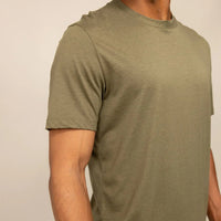 Man wearing a Marame Slim Fit Lyocell Blend T-Shirt in Olive, front view. |Olive