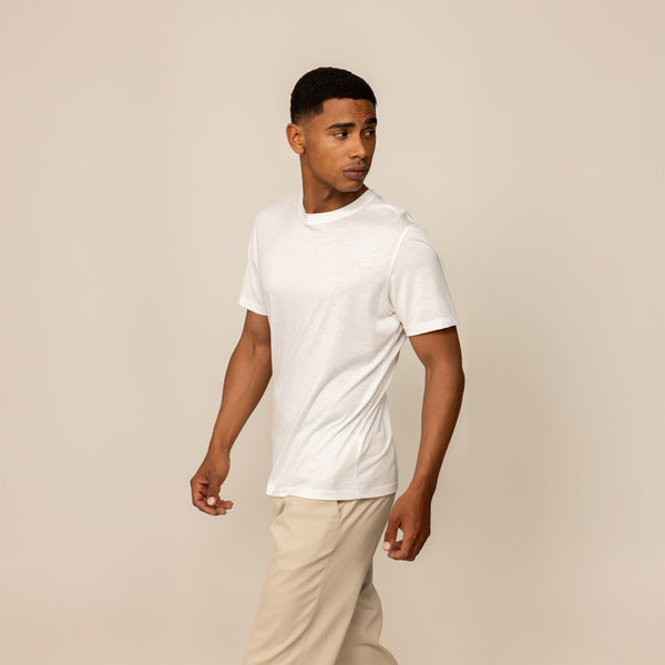 Man wearing a Marame Slim Fit Lyocell Blend T-Shirt in White, front view.