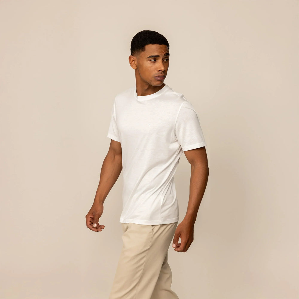 Man wearing a Marame Slim Fit Lyocell Blend T-Shirt in White, front view.