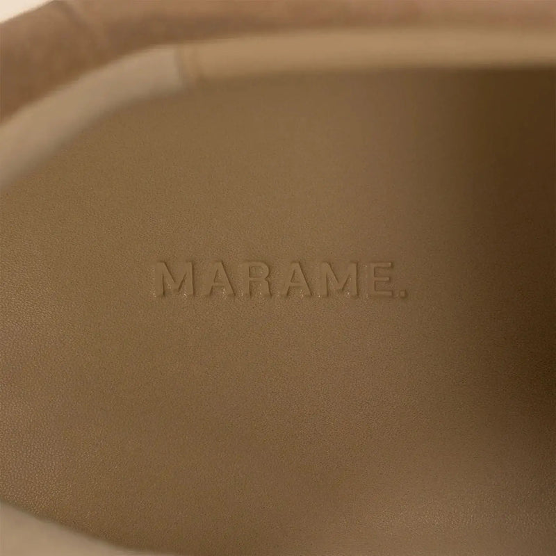 Marame Smart Suede Trainers in Sandstone, closeup.|sandstone
