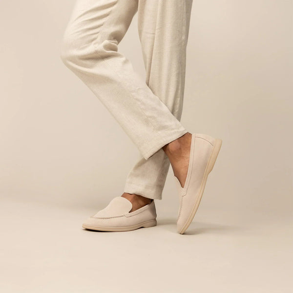 Man wearing Marame Suede Loafers in Grey, front view. |grey