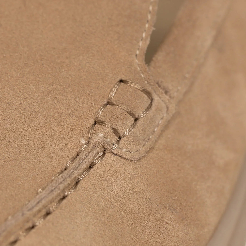 Marame Suede Loafers in Sandstone, closeup. |sandstone
