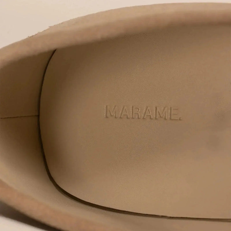 Marame Suede Loafers in Sandstone, closeup. |sandstone