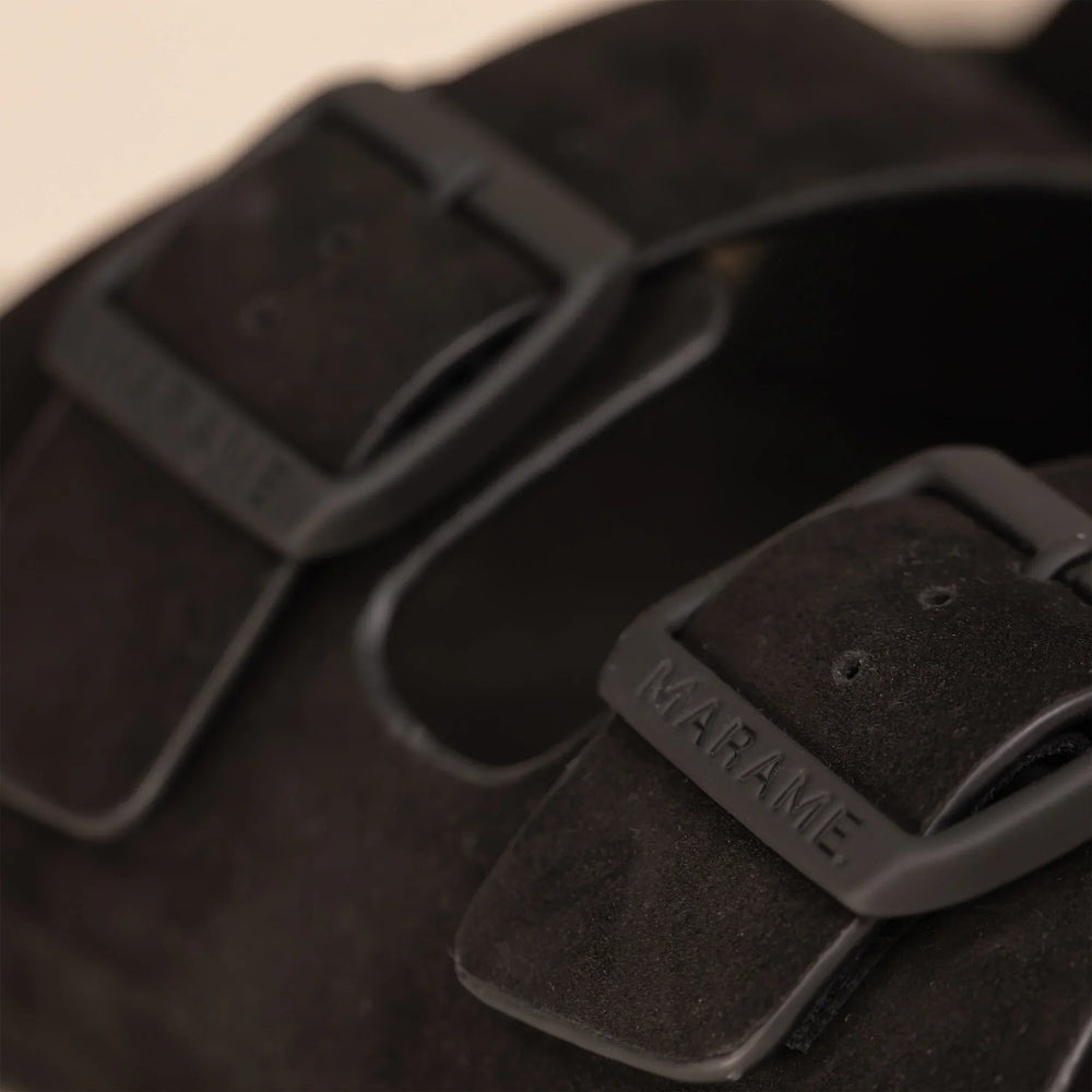 Marame Suede Sandals in Black, closeup.