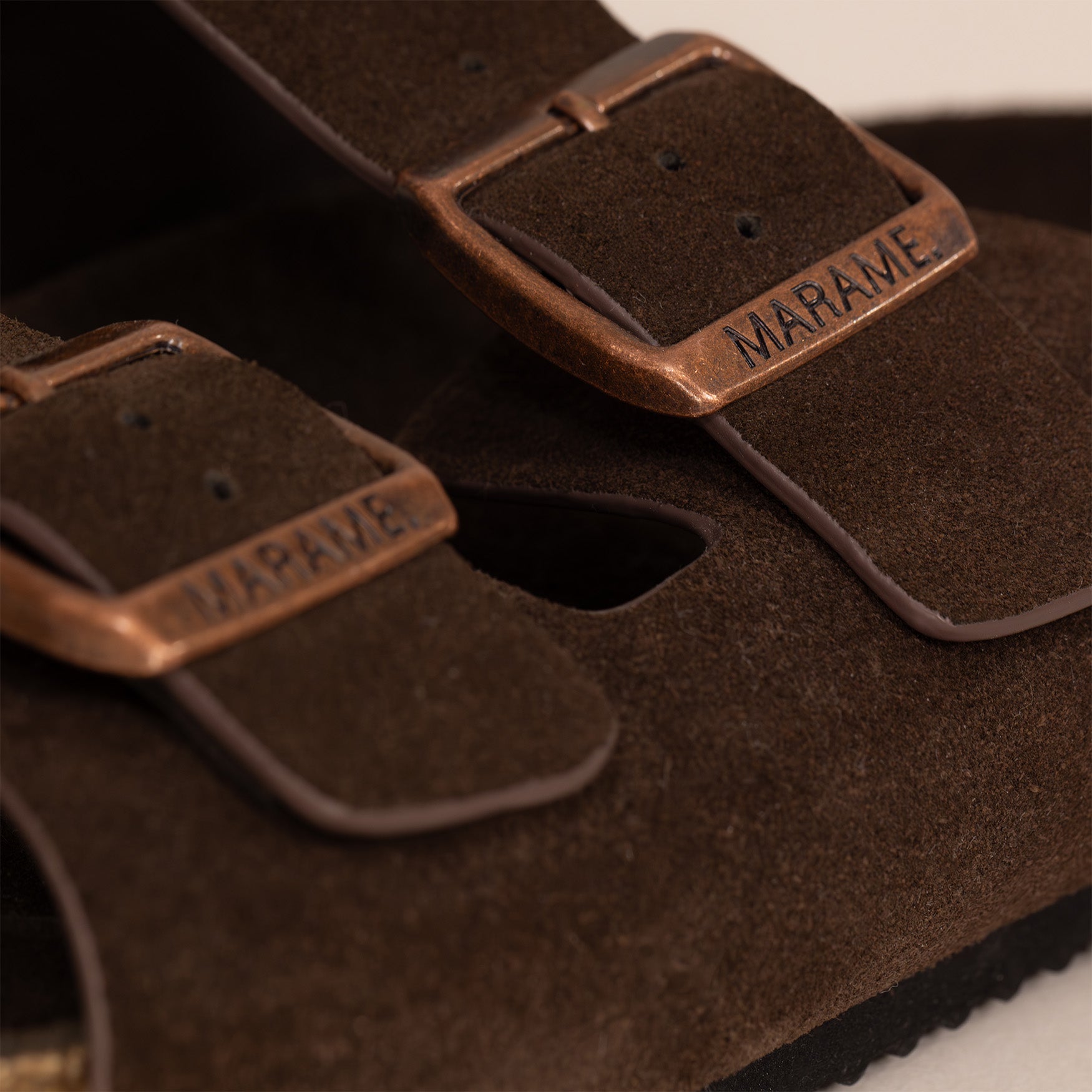 Marame Suede Sandals in Brown, closeup.