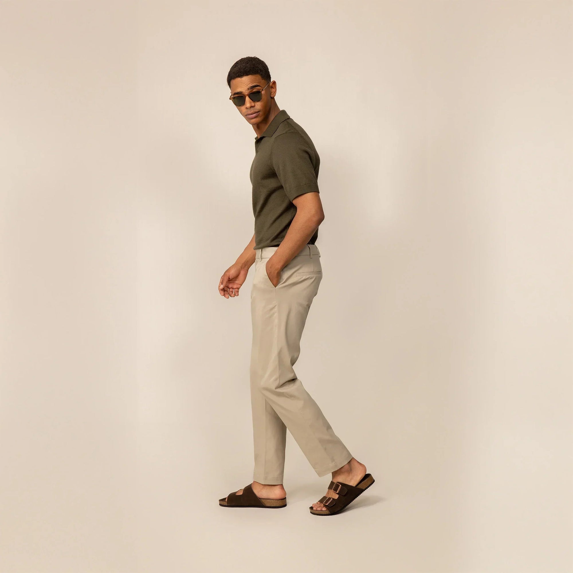 Man wearing Marame Classic Tapered Chinos in Almond Taupe, full view | almond taupe