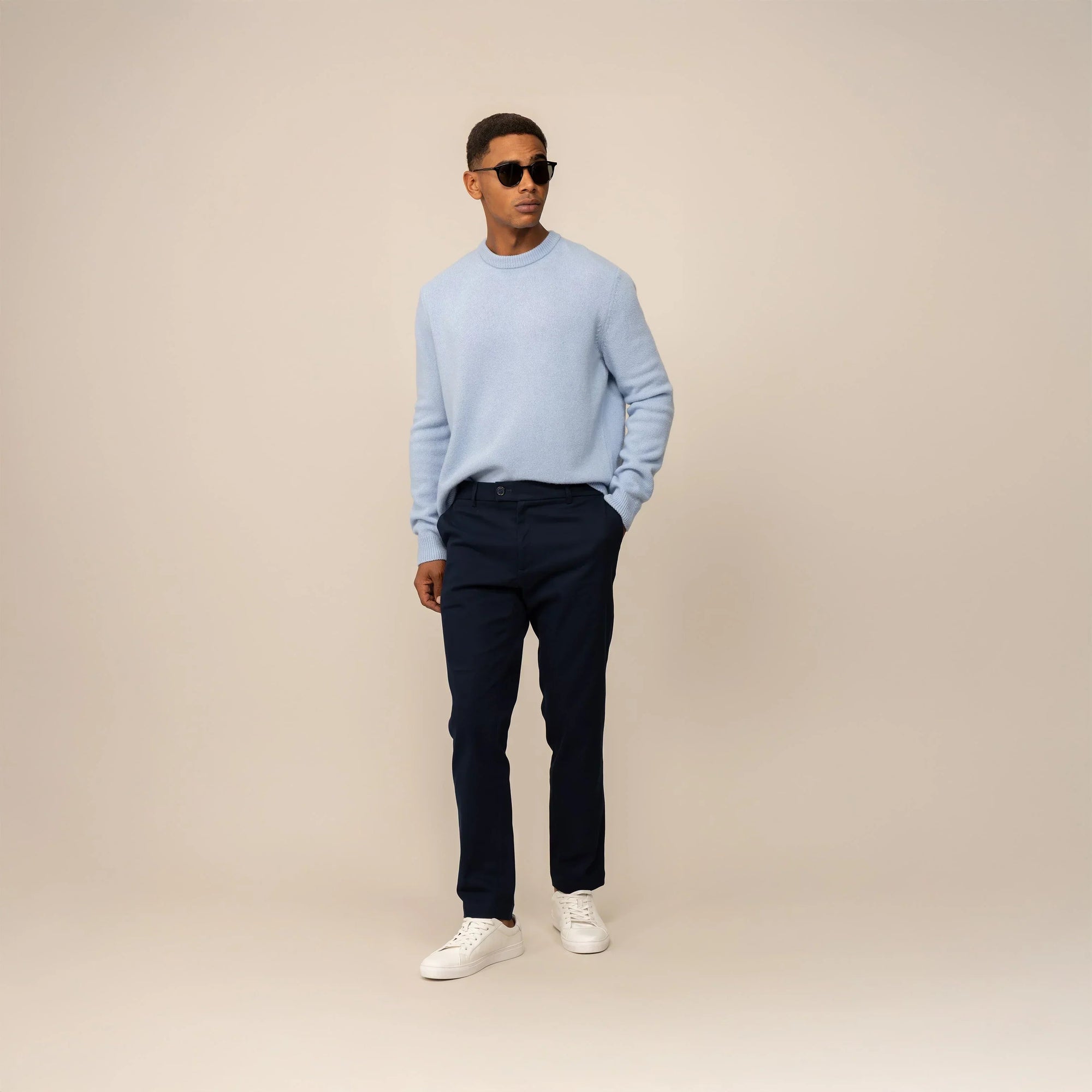 Man wearing Marame Tapered Chinos in Navy, front view | navy