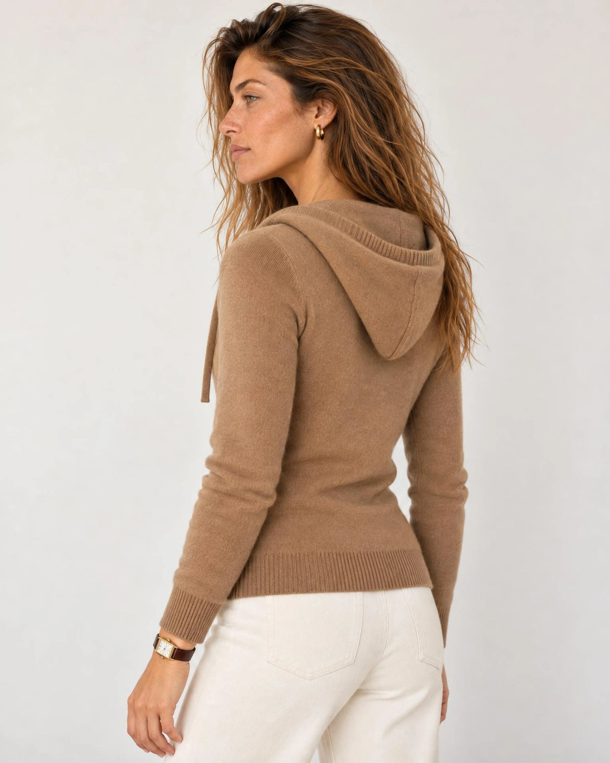 
The Noa Cashmere Blend Hooded Cardigan in Camel Beige, three-quarter back view showing the hood and ribbed hem
