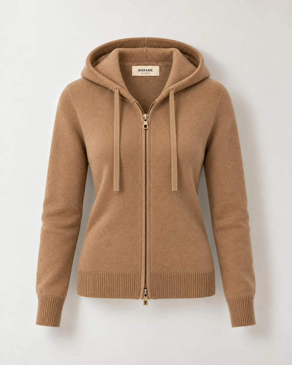 
The Noa Cashmere Blend Hooded Cardigan in Camel Beige, front flat lay showing the hood, zip and ribbed cuffs
