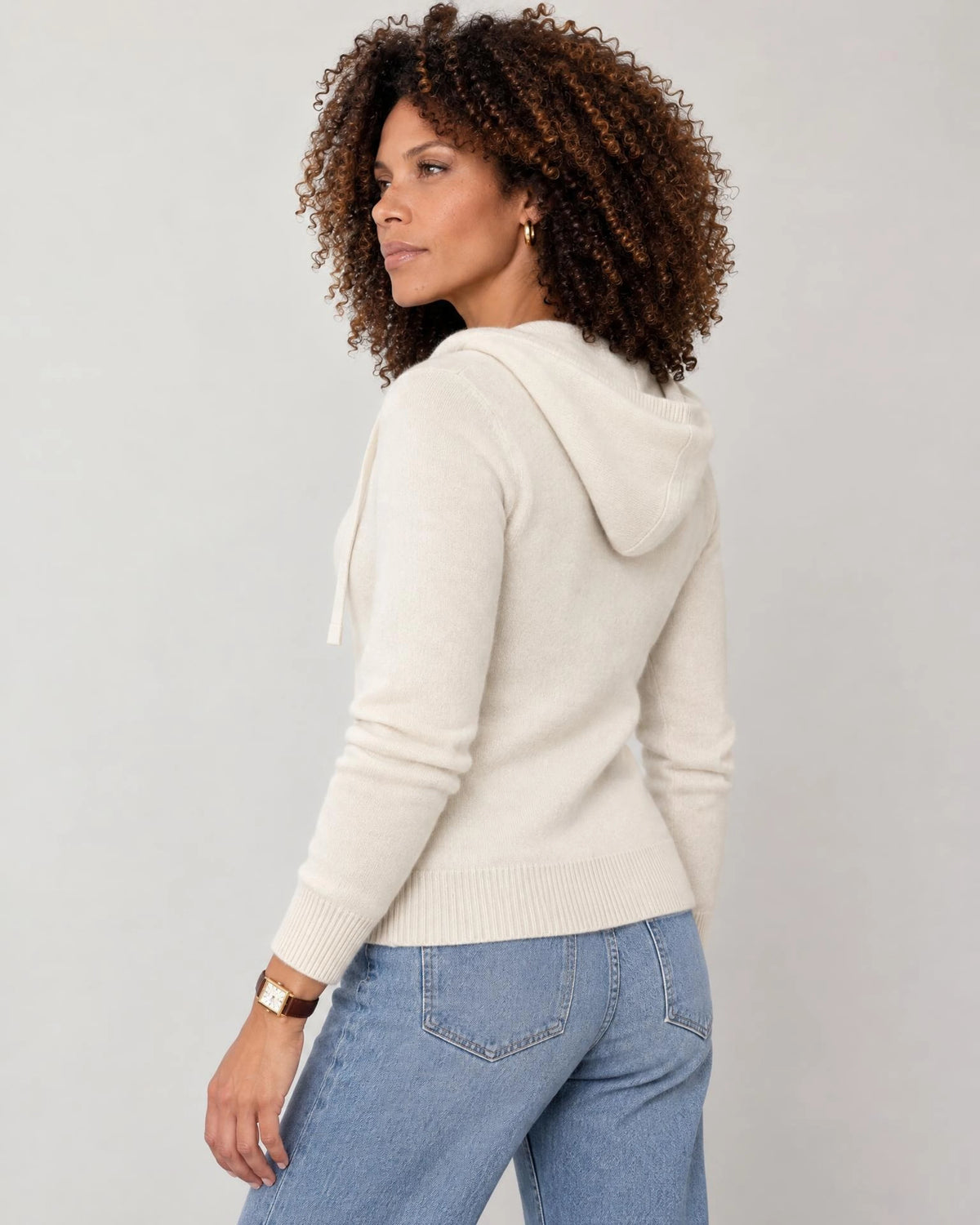
The Noa Cashmere Blend Hooded Cardigan in Cream, three-quarter back view showing the hood and ribbed hem