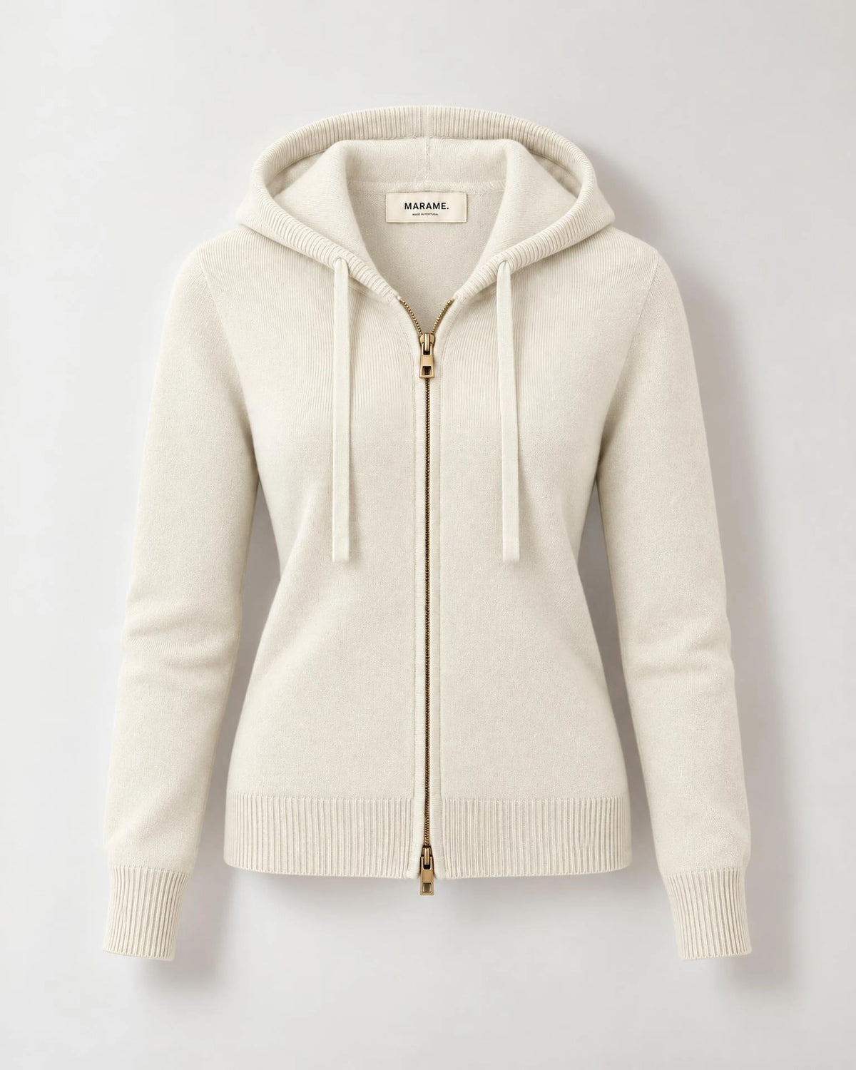 
The Noa Cashmere Blend Hooded Cardigan in Cream, front flat lay showing the hood, zip and ribbed cuffs