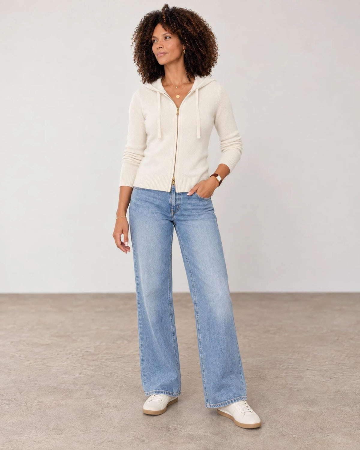 
The Noa Cashmere Blend Hooded Cardigan in Cream, full-length front view on a model