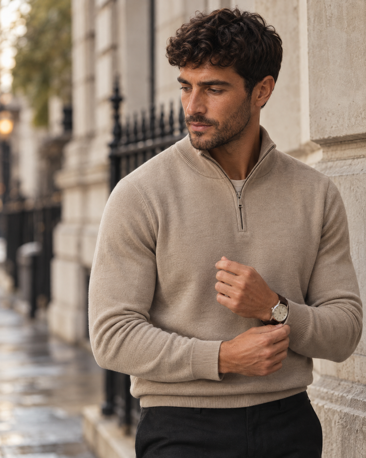 MARAME brown long sleeve knit polo by a window