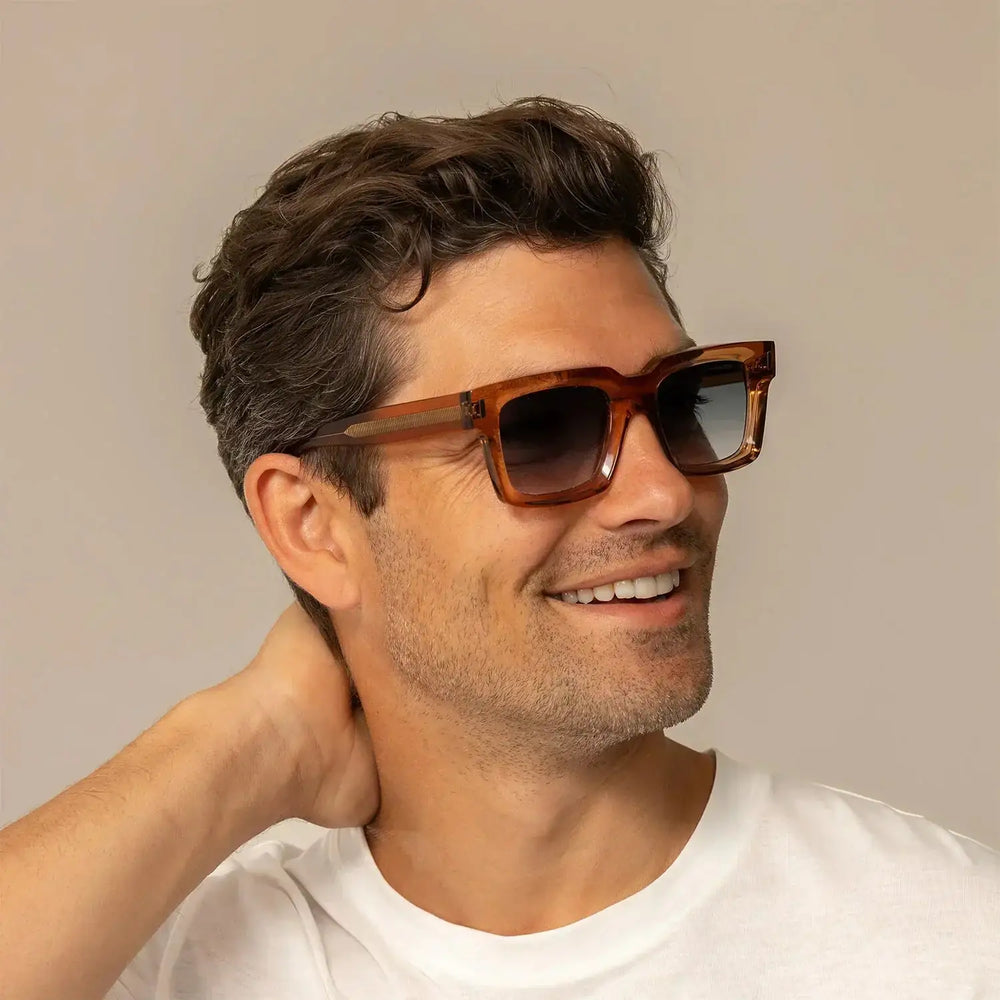 Man wearing Cutler and Gross Square Sunglasses 1386 in Crystal Peach, front view.|crystal peach