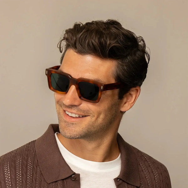 Man wearing Cutler and Gross Square Sunglasses 1386 in Honey Havana, front view.|honey havana