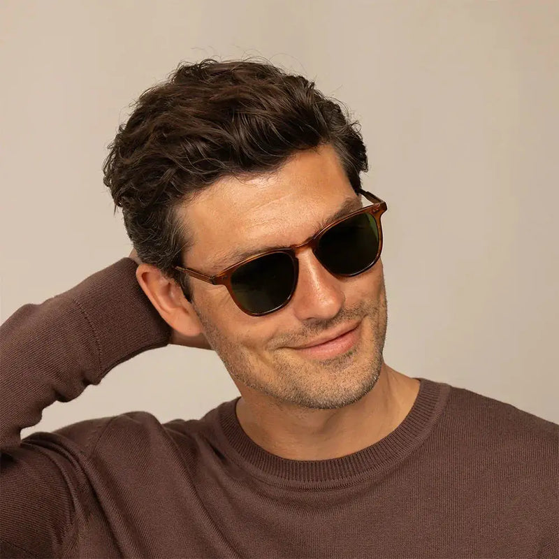 Man wearing Garrett Leight Brooks Sun Sunglasses in Pacific Teak, front view | Pacific Teak