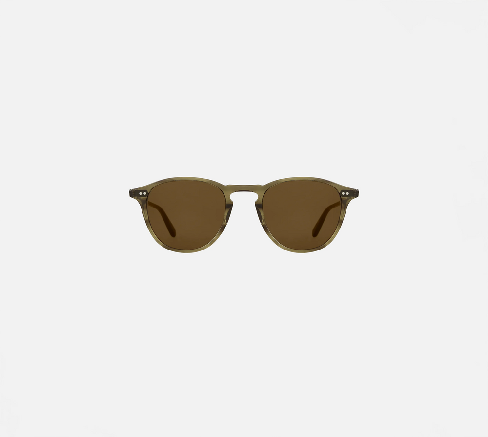 Garrett Leight Hampton Sun Sunglasses in Olive Tortoise, front view.