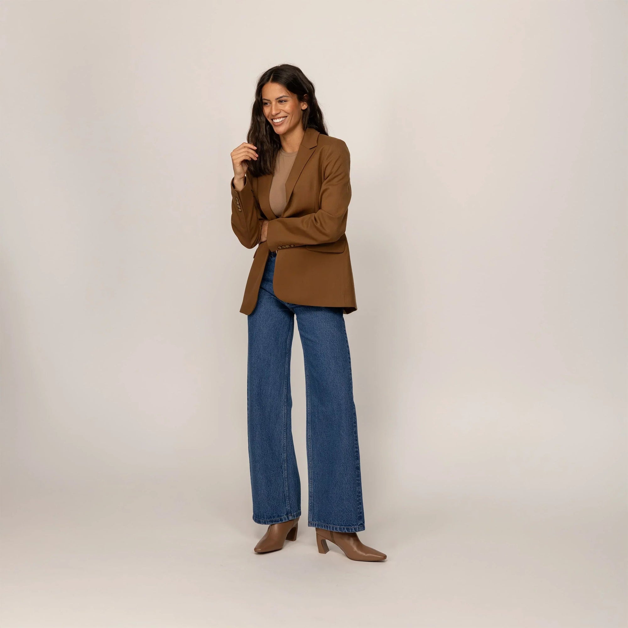 Woman wearing a Marame Classic Blazer in Brown Toffee, full view. |brown toffee