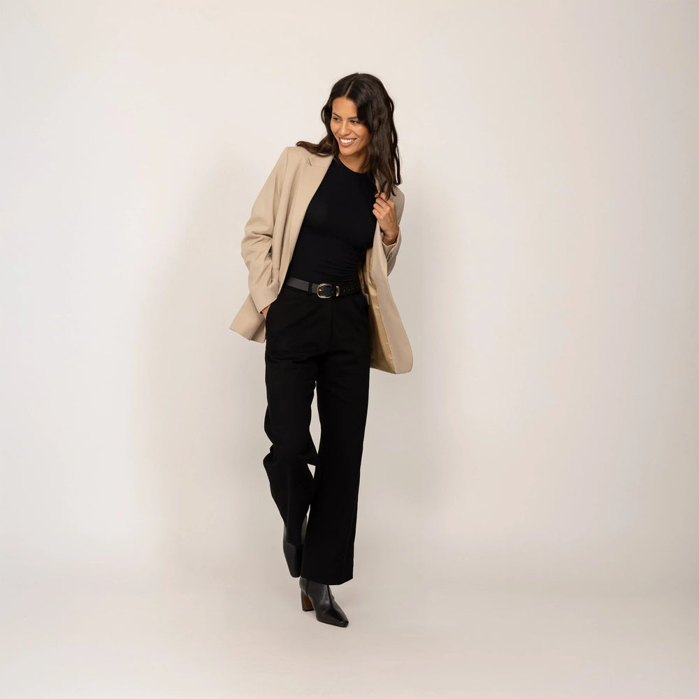 Woman wearing a Marame Classic Blazer in Natural Beige, front view. |natural beige