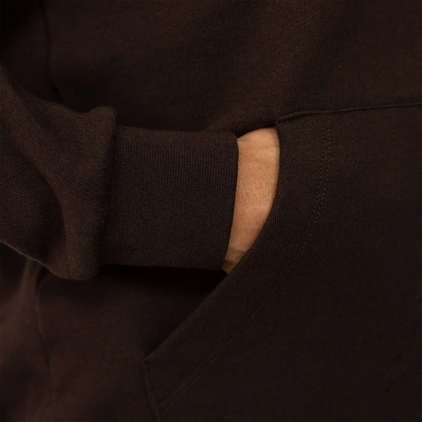 Woman wearing cotton fleece Logo Hoodie in Smoked Brown, detail.