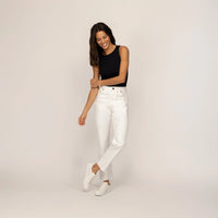 Woman wearing Marame Double Layer Fitted Vest in Black, full view.|black