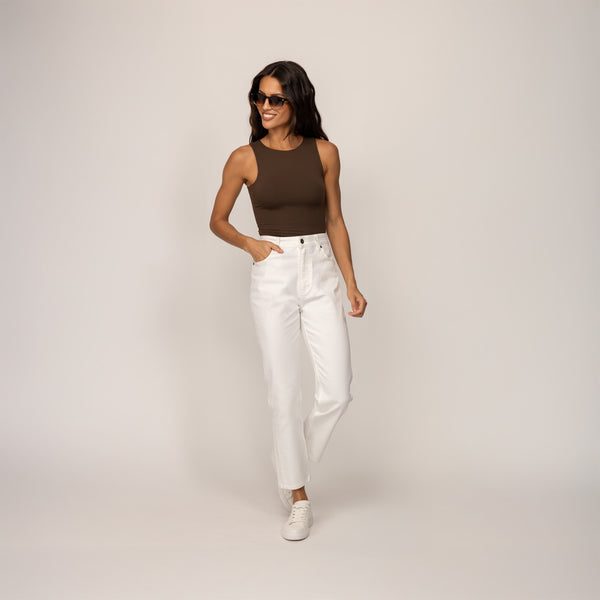 Woman wearing Marame Double Layer Fitted Vest in Chocolate, front view.