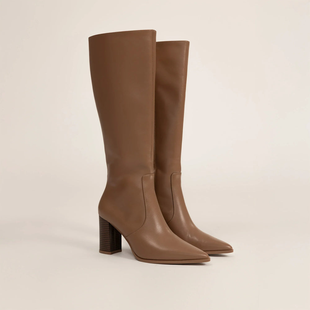 Marame Leather Knee-High Boots in Brown, front view.
