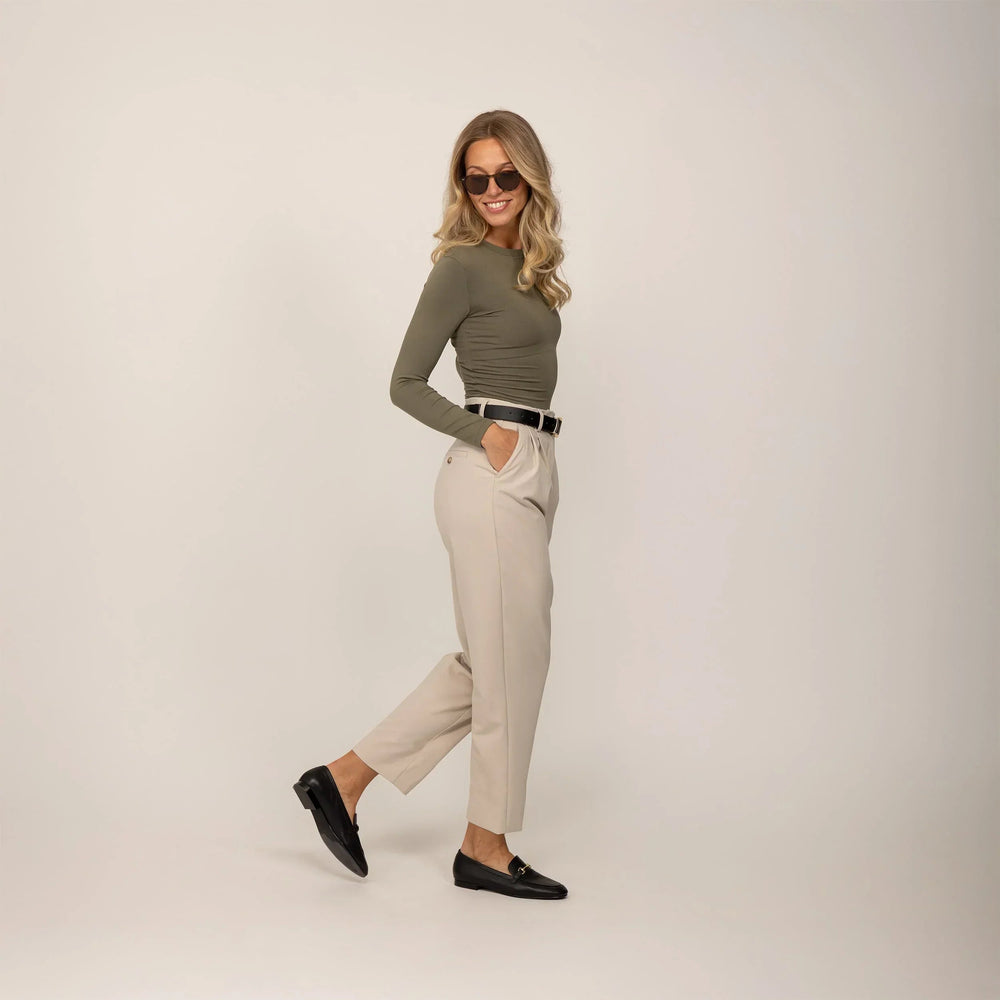 Woman wearing Marame Long Sleeve Fitted T-Shirt in Autumn Khaki, front view.|autumn khaki