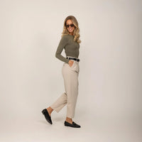 Woman wearing Marame Long Sleeve Fitted T-Shirt in Autumn Khaki, front view.|autumn khaki